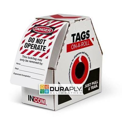INCOM Manufacturing Lockout Tags-on-a-Roll, 6.25 Inch X 3 Inch X 10 Mil, Danger Do Not Operate, All-Weather DuraPly™ Stock, Waterproof and Tear-Resistant, Red/Black on White, 100 Pack, RT6025C