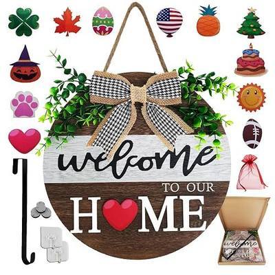 Interchangeable Welcome Home Sign Front Door Decoration, Seasonal Rustic Round Wood Wreaths Porch ,Wall ,Outdoor,