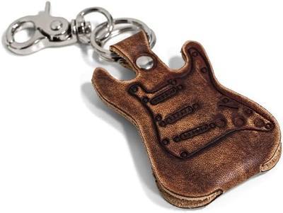 Fender Stratocaster Guitar shaped pick holder made of real leather with keychain and hook Made in Italy