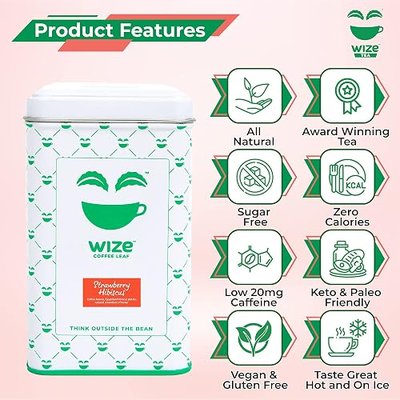 Wize Loose Coffee Leaf Teas, Low Caffeine Unsweetened Zero Sugar Free Keto Friendly All Natural Fruit Flavor Vegan Organic Healthy Antioxidant Smooth Taste Tea, Strawberry Hibiscus, 3.5 oz Tin