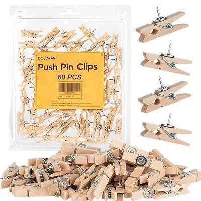 DOSEWART Push Pin Clips for Cork Board, 60 Pcs Wooden Paper Clips with Push pins for Bulletin Board Decoration, Artworks, Notes, Photos, Cubicle and Classroom Decor