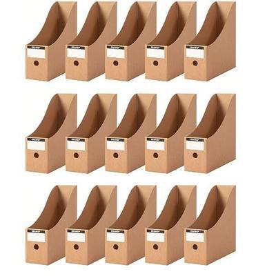 Foldable Desk File Holder Organizer Sturdy Cardboard Magazine Storage Box Document Rack with Blank Label Stickers for Home School Office (15, Brown)