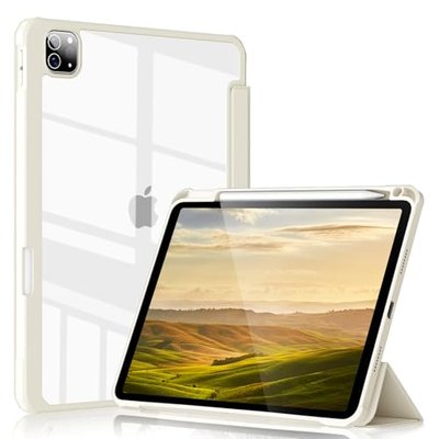 Kenke iPad Pro 11 Inch Case 4th/3rd/2nd/1st Generation (2022/2021/2020/2018) with Pencil Holder, Support 2nd Gen Pencil Charging Hard PC Acrylic Transparent Back Cover Auto Wake/Sleep (Cream)