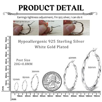 Sllaiss 925 Sterling Silver Twisted Hoop Earrings for Women White Gold Plated Small Hoop Earrings Lightweight Huggie Hinged Hoop Earring 12MM-60MM