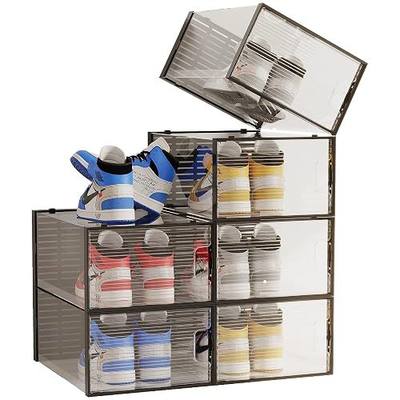 WAYTRIM Stackable Shoe Boxes, Clear Plastic Stackable Shoe Organizer for Closet Space Saving Foldable Shoe Sneaker Containers for Men Women Size 11