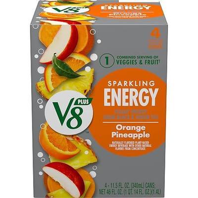 V8 +Energy Sparkling Orange Pineapple Juice Energy Drink, 11.5 fl oz Can (4 Pack)