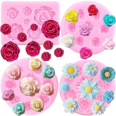 ZiXiang Rose Flower Silicone Molds Daisy Flower Fondant Mold Set Of 4 | Flower Chocolate Candy Mold Wedding Birthday Party Cake Decorating Cupcake Topper Polymer Clay Resin Gum Paste