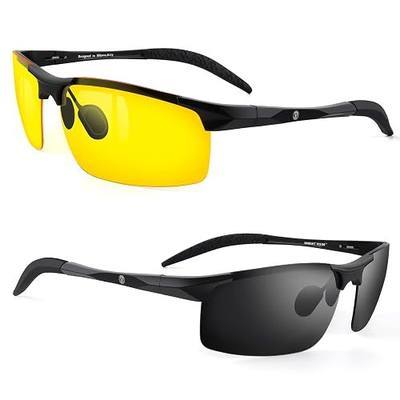 BLUPOND Set of 2 HD Day and Night Driving Glasses - Polarized Sunglasses and Yellow Night Vision Glasses With Car Clip Holder