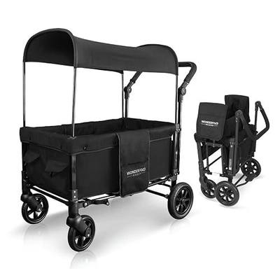 WONDERFOLD W1 Original Stroller Wagon (2 Seater) - Wagon Stroller with Seats with 5-Point Harnesses, Adjustable Push Handle, and Sun Canopy, Jet Black