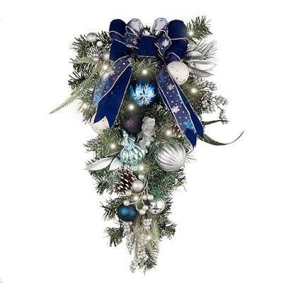 Valery Madelyn Pre-Lit Christmas Teardrop Swag for Decorating Outdoor, 24 Inch Silver Blue Mailbox Swag Decoration with 20 LED Lights, Ball Ornaments for Front Door Stairway Window Shelf Xmas Decor