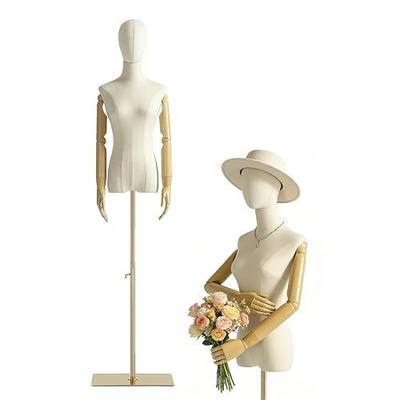 Female Mannequin Dress Form Torso, Display Mannequin Body with Detachable Head, Wooden Hands and Golden Adjustable Height Stand, for Dress Jewelry Display, Beige (Gold)