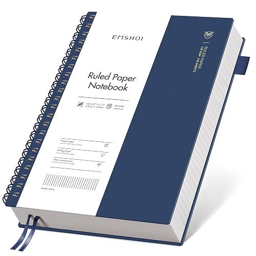 EMSHOI Lined Spiral Journal Notebook, 300 Pages, A4 Size (8.2'' x 11.2'') | College Ruled, 100 GSM Thick Paper, Flexible Plastic Cover, for School, Writing, Work, Office & Journaling (Navy Blue)