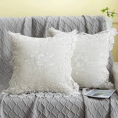2 Pack Embroidered Spring Floral Throw Pillow Cover 18x18 inches, Farmhouse Off White Rose Lace Linen Blended Pillow Shams, Decorative (White Rose, Linen Blended)