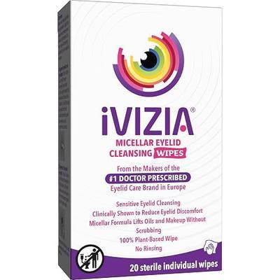 iVIZIA Eyelid Cleansing Wipes for Sensitive Eyelid Cleansing, Preservative-Free, Micellar, No Rinse, Gentle Eye Makeup Remover, 20 Sterile Single-Use Wipes for Eyelids Packaging May Vary