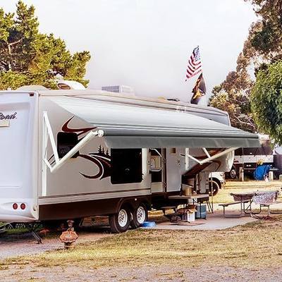 Awnlux White Motorized Modular Retractable RV Awning Full Set Assemblies for RV, 5th Wheel, Travel Trailers, Toy Haulers, and Motorhome - RV Trailer Awning for Home or Camper - 18x8 Ft - Black Strip