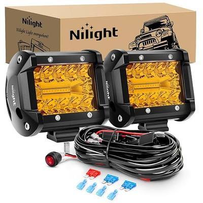 Nilight 2PC 4Inch Amber Led Pods Triple Row 60W Flood Spot Combo Driving Fog Lights with 16AWG Wiring Harness-2 Leads for Offroad Pickup Trucks Jeep ATV UTV SUV, 2 Years Warranty