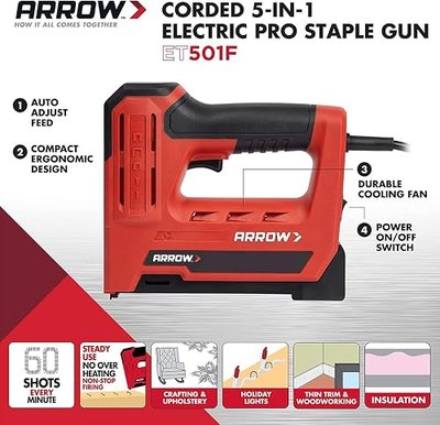 Arrow ET501F Corded 5-in-1 Professional Electric Staple and Nail Gun, Wire Stapler, and Brad Nailer for Upholstery, Framing, Insulation, Crafts, Fencing, and Cable, Black/Red | Corded Professional Electric Staple and Nail Gun for Upholstery, Framing, Insulation, Crafts, Fencing, and Cable, Black/Red