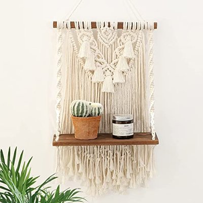 Macrame Wall Hanging Shelf & Boho Decor, Handmade Wooden Floating Shelves