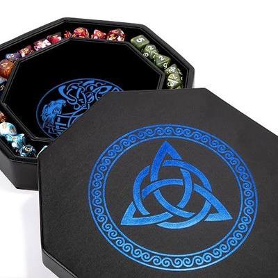 DND Dice Tray - Premium 9 Inch Tray Dungeons and Dragons - Exquisitely Detailed Blue World Tree & Triquetra Design - Perfect Rolling & Box Storage to Protect Your Dice for D&D and RPG