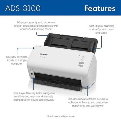 Brother ADS-3100 High-Speed Desktop Scanner | Compact with Scan Speeds of Up to 40ppm, White