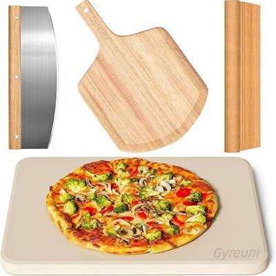 4 PCS Rectangle Pizza Stone Set, 15" Large Pizza Stone for Oven and Grill with Pizza Peel(OAK), Pizza Cutter & 10pcs Cooking Paper for Free, Baking Stone for Pizza, Bread,BBQ | Complete pizza stone set:15 x 12 inch Baking stone and pizza peel,Pizza Cutter and Parchment Paper,perfect for crispy pizza