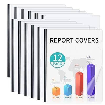 Binditek 12 Pack Clear Report Covers with Black Sliding Bars, 70 Sheet Capacity, 9mm Binding Bars, Letter Size, 5.5 Mil Thick, Black, for Students and Coworkers