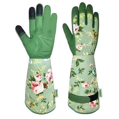 WANCHI Gardening Gloves, Durable and Comfortable Women's Long Garden Gloves for Gardening Work and Yard Work, Leather Gardening Gloves for Women, Green Print (Medium)