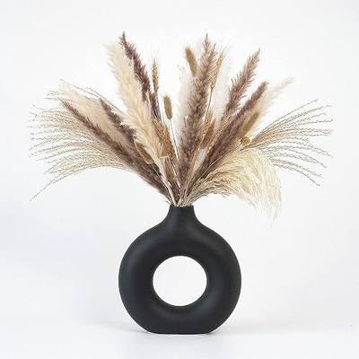 CEMABT Black Donut Vase Hollow Ceramic Vase for Flowers Handmade Minimalist Boho ins Style Modern Home Decor for Wedding Dinner Table Party Living Room Office Bedroom(M