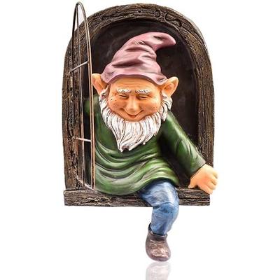 Elf Out The Door Tree Hugger - 12 Inch Outdoor Garden Ornament Gnome Statue, Garden Peeker Yard Art, Fairy Tree Sculpture Garden Decoration