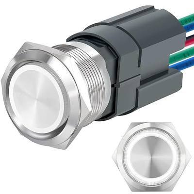 UL Listed 15Amp 22mm Latching Push Button Switch, IP67 Waterproof, DPST 2NO, Stainless Steel 304, On Off Switch with Wire Socket, 110V White LED.