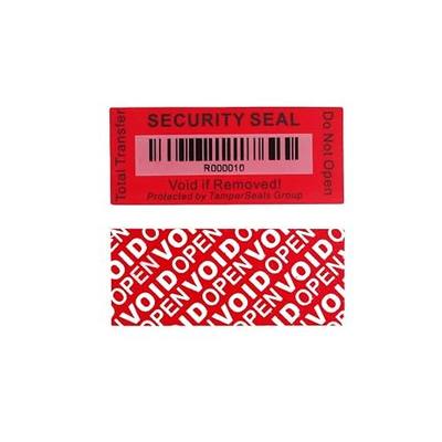 100pcs 25x60mm Red Total Transfer Tamper Evident Security Void Sticker | Instant Void Message, Unique Barcode, SGS RoHs Standard, Universal Surface, for Warranty & Evidence, TamperSeals Group