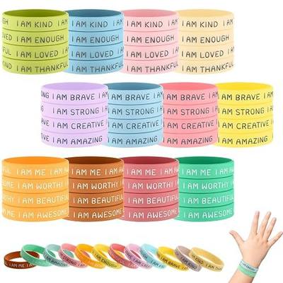 Sratte 48 Pcs Inspirational Silicone Wristbands for Kid Motivational Rubber Stretch Unisex Affirmation Bracelets for Students Back to School Gift Classroom Prizes(Fresh Color)