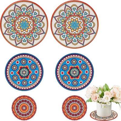 Nuanchu 6 Pcs Boho Plant Coasters 3 Size 3.94" 5.9" 7.87" Rubber Absorbent Non Slip Pot Mats Indoor Round Plant Decorative Pads Gardening Outdoor Patio Mandala Flower Protect Mat for Table Desk Floor