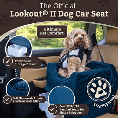 Snoozer Dog Car Seat for Dogs up to 18lbs, Lookout II, Sapphire (S) | Dog booster car seat with storage tray, Elevated view helps alleviate travel sickness & fear, Removable washable cover