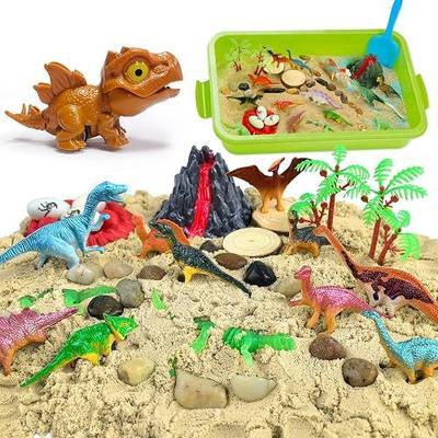 Carolart Dinosaur Sensory Bin, Sand Kit with Glow Dinosaurs & Sand | Dinosaur sandbox with sensory sand, volcano, Dinosaur Gift for boys girls 3-8