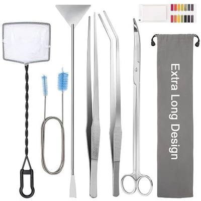 Extra Long Aquarium Aquascaping Tools Kit 8 in 1, Liveek Stainless Steel Aquarium Plant Tools Long Fish Tank Aquascape Tweezers Scissors Scrapers, PH Paper, Fish Net, Aquascape Clean Brush, Bag