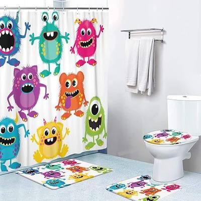 LOKMU 4 Pcs Shower Curtain Sets with Non-Slip Rugs, Toilet Lid Cover and Bath Mat,Cartoon Fluffy Monsters Cute Waterproof Shower Curtain with 12 Hooks, Bathroom Decor Sets, 72" x 72"