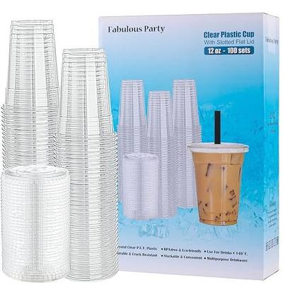 [100 Sets 12 Oz Plastic Cups with Lids, PET Crystal Clear Cups with Slotted Flat Lids, Popular Iced Coffee Cups with lid – Never Break & Keep Clean, 12oz Disposable Cup with Cover