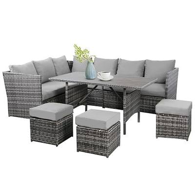 7-Piece Patio Furniture Set, PE Rattan Wicker Outdoor Sectional Furniture Set, Outdoor Dining Set Sectional Sofa Patio Conversation Set with Cushions (Grey)