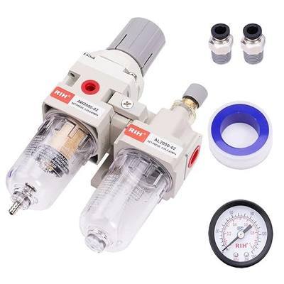 RIH 1/4" NPT Compressed Air Filter Regulator Lubricator Combo Water/Oil Trap Separator - Gauge(0-150 psi), Semi-Auto Drain, Poly Bowl,Bracket - 3 in 1 Two Unit (1/4" NPT)