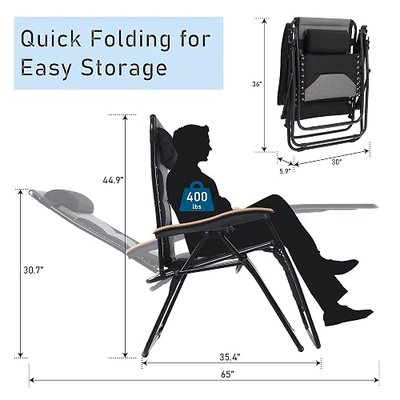 PHI VILLA XXL Oversized Padded Zero Gravity Chair Set of 2, Foldable Patio Recliner, 30" Wide Seat Anti Gravity Lounger with Armrest and Cup Holder, Support 400 LBS (Black)