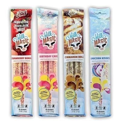 Milk Magic Flavored Milk Straws for Kids, Whimsical Variety, 16 Pack | Unicorn Kisses, Strawberry Banana, Birthday Cake, Cinnamon Roll, Low Sugar, 20 Calories, Gluten-Free, BPA-Free