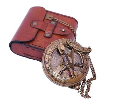 Handcrafted Antique Brass Sundial Compass with Leather Case Gift