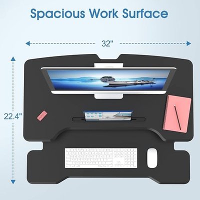 32" Standing Desk Converter, Quick Sit to Stand Desk Riser | Height Adjustable Stand up Desk with Keyboard Tray for Dual Monitor, Copmputer Workstation for Home Office, Black