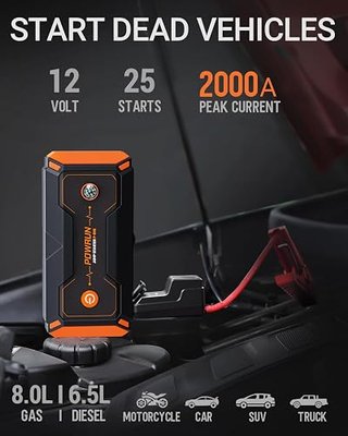 Powrun P-ONE Jump Starter, 2000A Portable Jump Box - Car Jump Starter Battery Pack for up to 8.0L Gas and 6.5L Diesel Engines, 12V Battery Jump Starter with Carry Case (Orange) | Up to 8.0L Gas Engine, 6.5L Diesel Engine, Includes Carry Case, Portable Jump Box, 12V Compatible