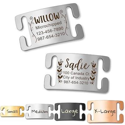 Slide On Silent Pet ID Tags, Fun Wild Flower Frame Design Personalized Engraved Plated Stainless Steel Cat Dog Name Tags, Glossy Customized Chew-Proof Quiet Dog Collar Tags (Large, Silver)