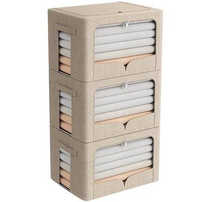 FHSQX 3 Pack Clothes Storage Bins Foldable Metal Frame Storage Box Stackable Linen Fabric Organizer Set with Carrying Handles and Clear Window (Beige, 15.7x11.8x11.8inch(36L))