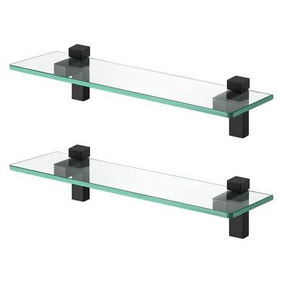 KES 16-Inch Glass Shelves for Bathroom, 2-Pack, Tempered Glass, Matte Black | Rustproof Metal Brackets, 11 Lb Max Load, Bedroom, Kitchen, Family Room, Modern, Screws & Anchors Included