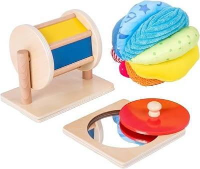 Adena Montessori Play Kit: Knob Puzzle, Drum & Ball, 6-12m | Wood & fabric, Red mirror knob puzzle, spinning drum & rainbow ball. Builds motor, tracking & self-awareness. Tummy time.