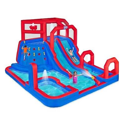 SUNNY & FUN Mega Climb N’ Go Inflatable Water Slide Park with Two Slides | Heavy-Duty Oxford Blow-Up Water Park for Kids Backyard with Deep Splash Pool, Air Blower & Carry Bag | Easy Setup & Drainage